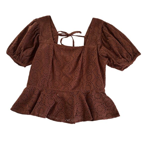 Band of the Free Brown Peplum Hem Smocked Eyelet Boho Blouse Women’s Size Small - Picture 1 of 6